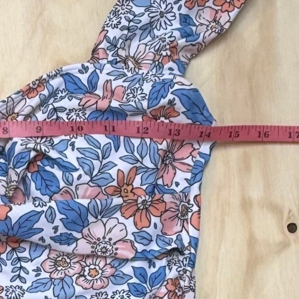 Floral Ruched One Piece Swimsuit Blue Pink White Sweetheart Neckline Medium